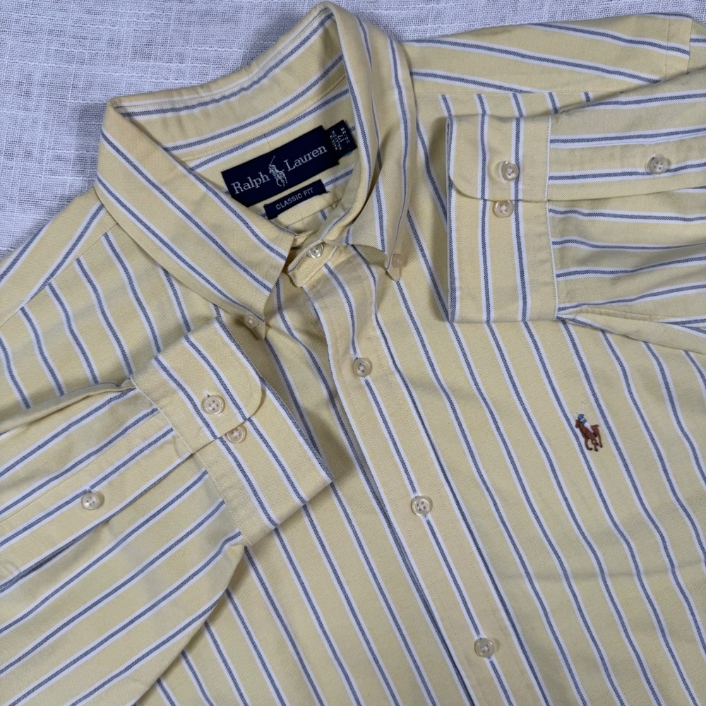 Ralph Lauren Button Shirt 17 34/35 Yellow Stripe Classic Fit Oxford Flesh Pony - Picture 5 of 16